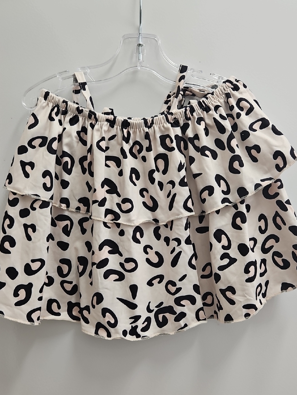 Girls Black and Cream Leopard Off Shoulder Ruffle Top